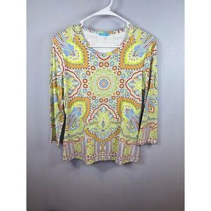 J. McLaughlin Catalina Cloth 3/4 Sleeve Medallion Paisley Print Top Medium